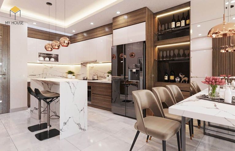 Thiết kế nội thất chung cư 64m2 phòng bếp hiện đại