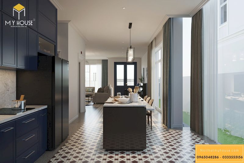 Mẫu thiết kế nội thất biệt thự song lập Vinhomes Harmony - Phòng bếp màu xanh navy