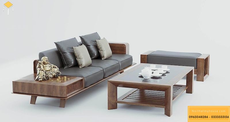 Sofa gỗ óc chó phòng khách đơn giản 