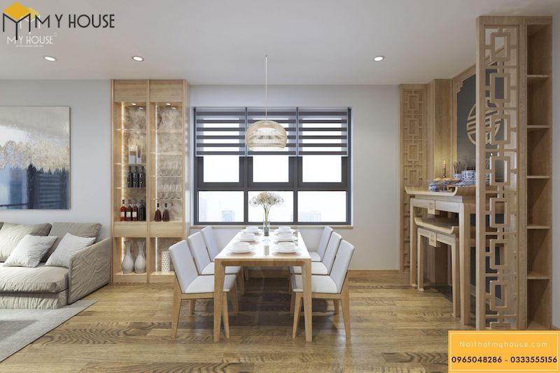 Mẫu thiết kế nội thất chung cư gỗ Veneer sồi - Bàn ăn gỗ sồi hiện đại