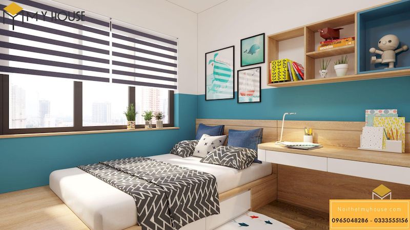 Mẫu thiết kế nội thất chung cư gỗ Veneer sồi - Phòng ngủ trẻ em
