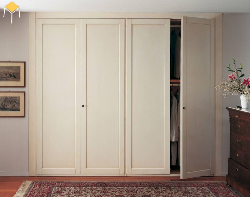 Tủ quần áo gỗ tự nhiên sồi sơn màu kem 4 cánh cửa mở