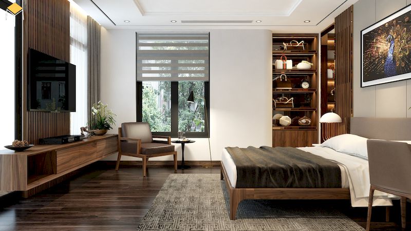 Trang trí kệ tivi phòng ngủ đẹp gỗ tự nhiên