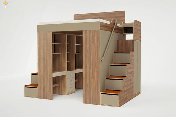 Mẫu giường tầng kết hợp tủ quần áo gỗ tự nhiên 