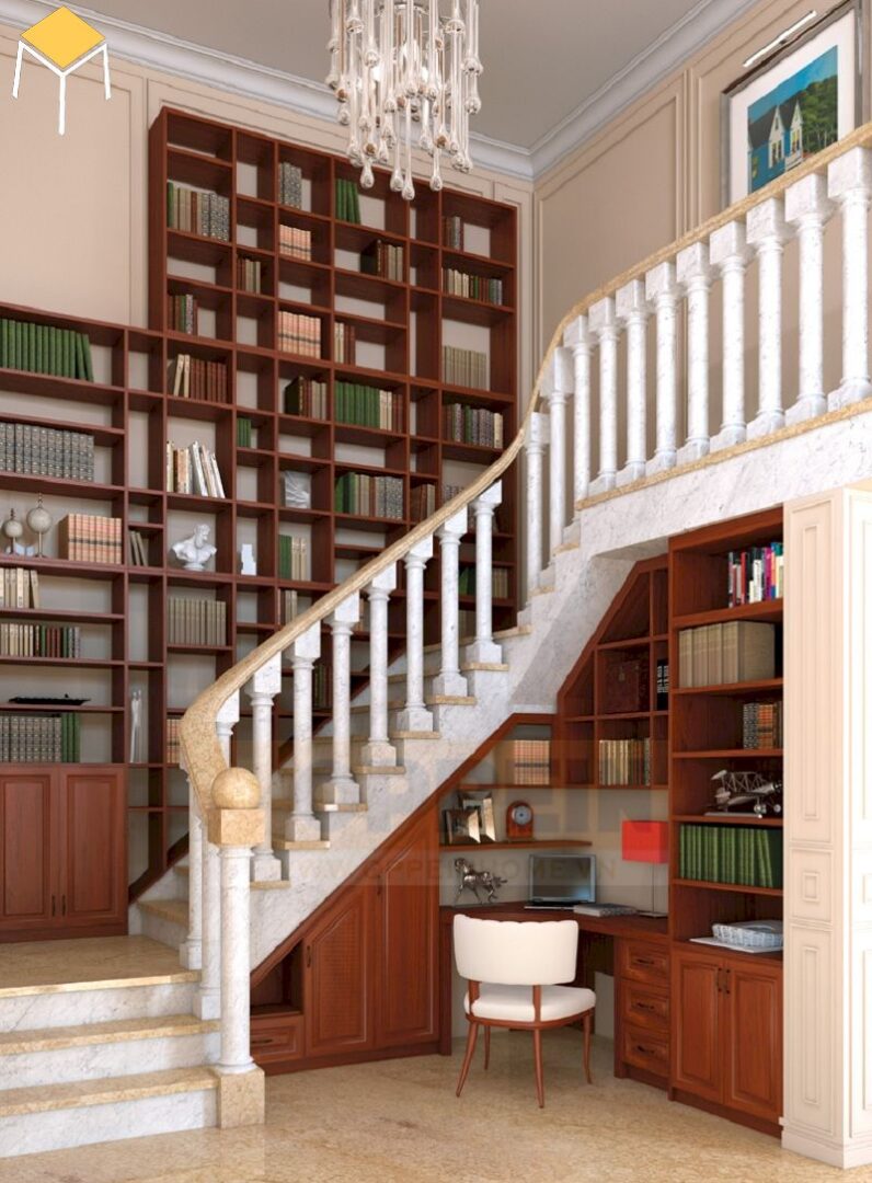 Trang trí cầu thang bằng kệ sách
