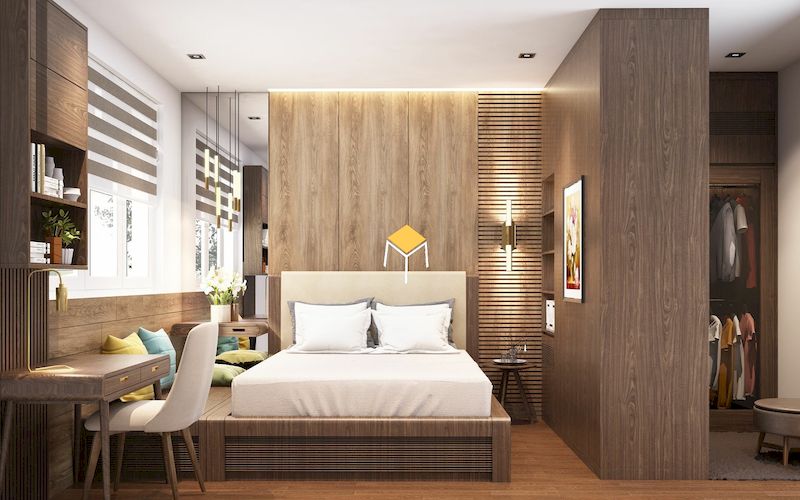 Phòng ngủ kiểu Hàn hiện đại gỗ óc chó