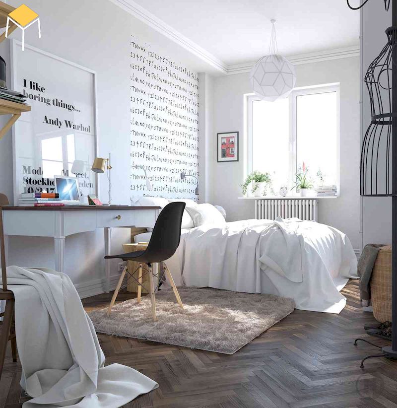 Mẫu decor phòng ngủ vintage đơn giản bằng chữ in tường