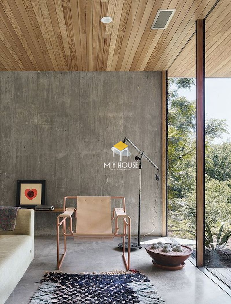 Phong cách nội thất thô mộc sử dụng các chất liệu nguyên bản như bê tông, gỗ, vải, đá