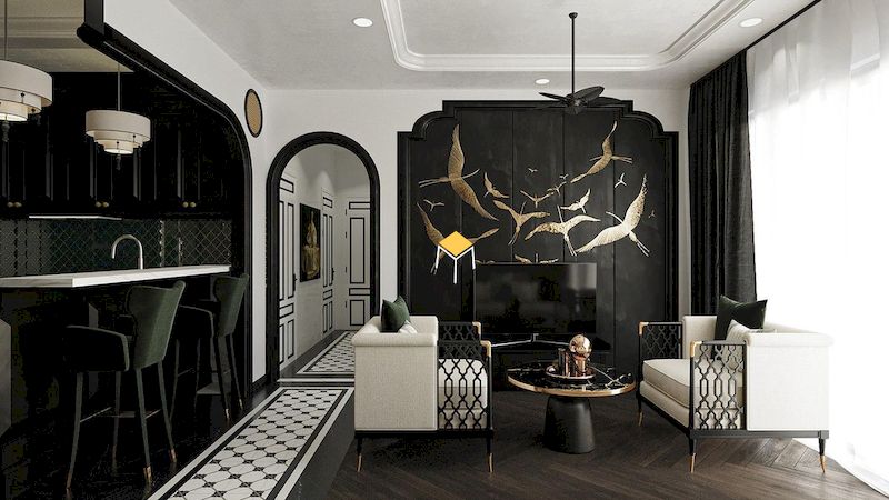 Thiết kế nội thất phòng khách phong cách Indochine màu đen trắng