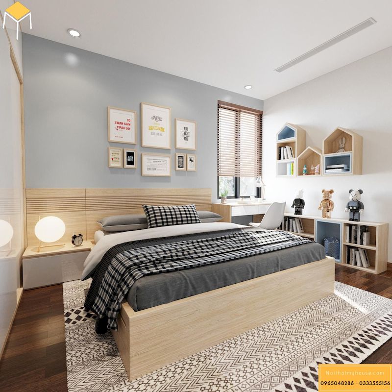 Phòng ngủ nam thiết kế đơn giản với chất liệu gỗ sồi