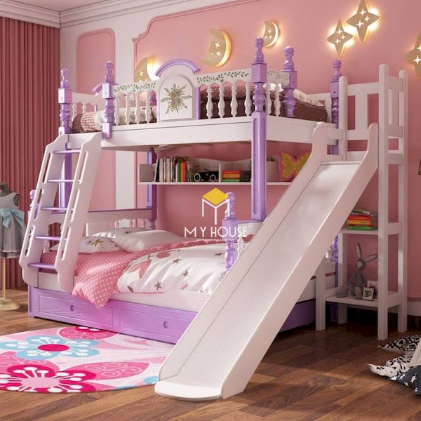 Trang trí giường tầng màu tím cho bé
