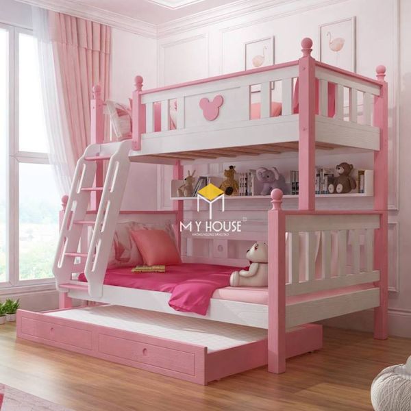 Trang trí giường tầng màu hồng cho bé gái