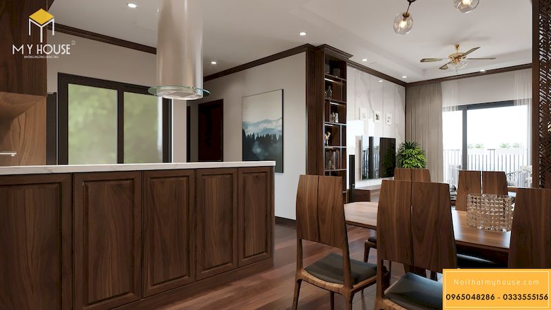 Mẫu thiết kế phòng bếp đẹp hiện đại cho chung cư gỗ óc chó