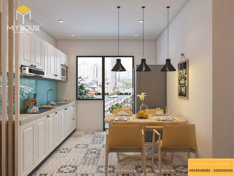 Mẫu thiết kế phòng bếp đẹp hiện đại cho chung cư 60m2