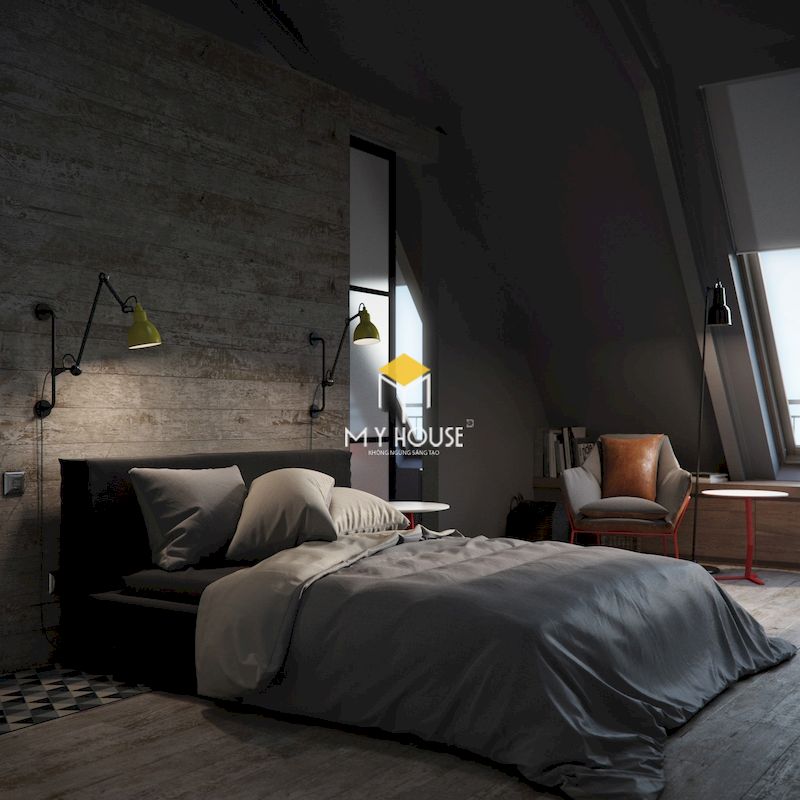 Phòng ngủ tầng áp mái với tone màu xám 