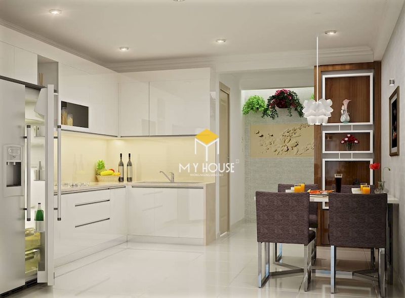 Mẫu tủ bếp màu trắng cho chung cư nhỏ, giúp làm thông thoáng không gian
