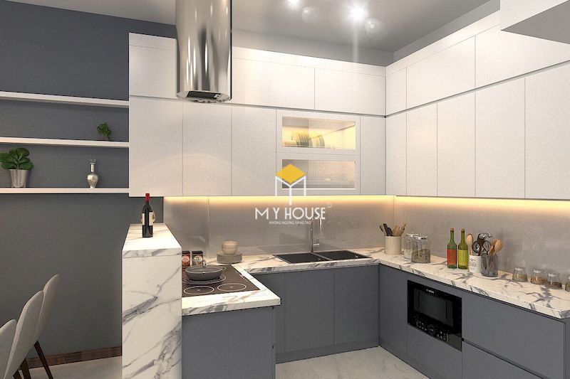 Màu trắng kết hợp với màu xám để tạo nên không gian nội thất phòng bếp hiện đại