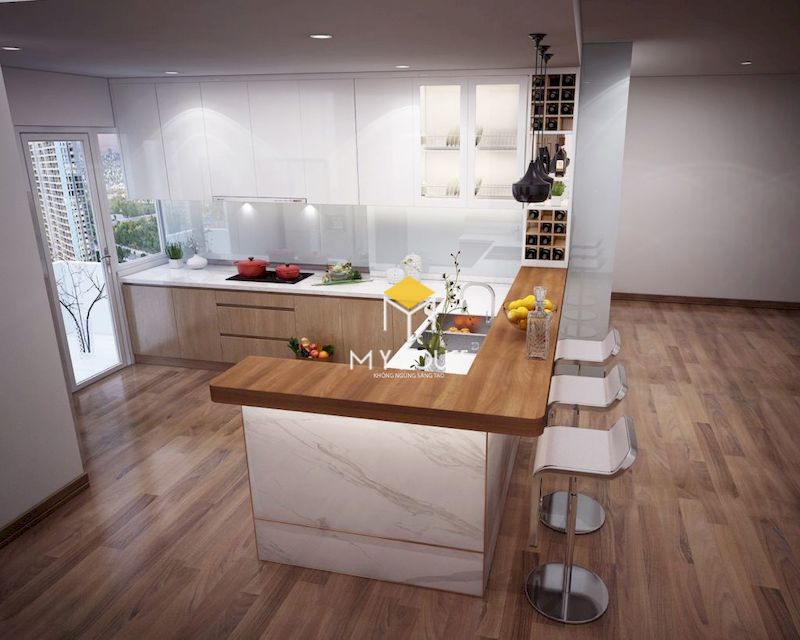 Thiết kế tủ bếp màu trắng phủ acrylic và laminate vân gỗ