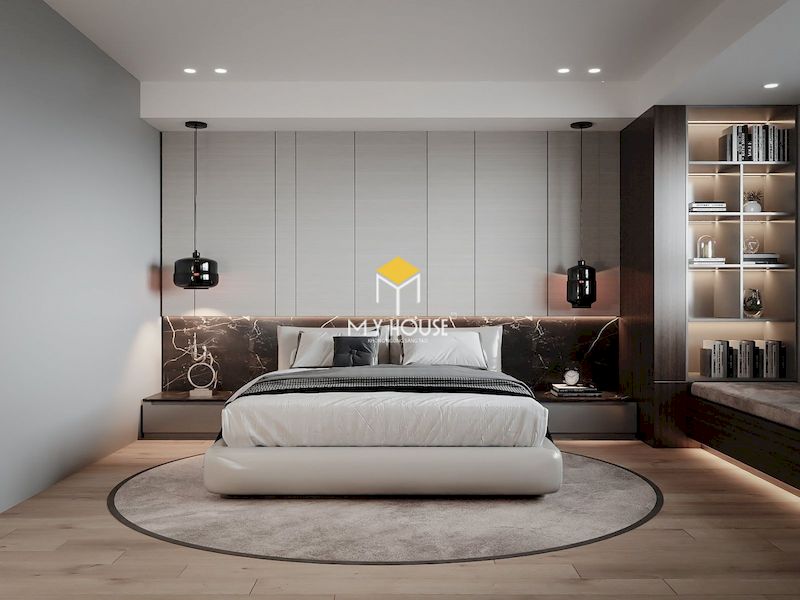 Thiết kế nội thất phòng ngủ với giường ngủ bọc nệm màu trắng