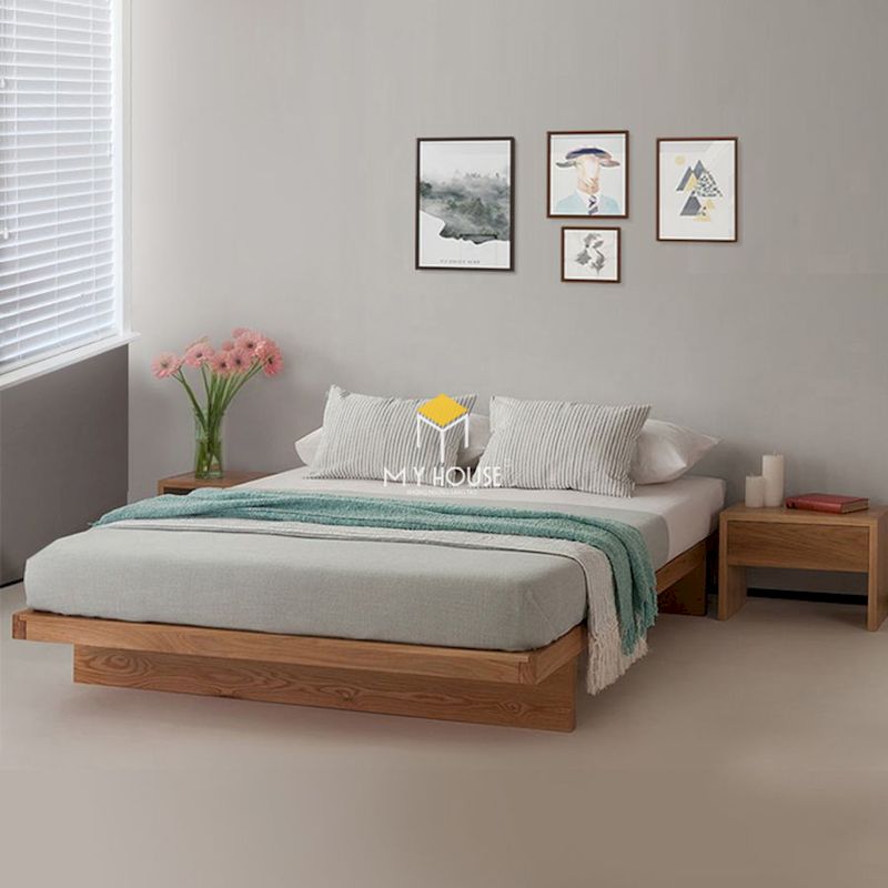 giường ngủ kiểu Nhật đơn giản bằng gỗ tự nhiên nguyên khối