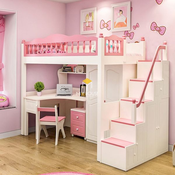 Giường tầng màu hồng kết hợp bàn học cho trẻ em