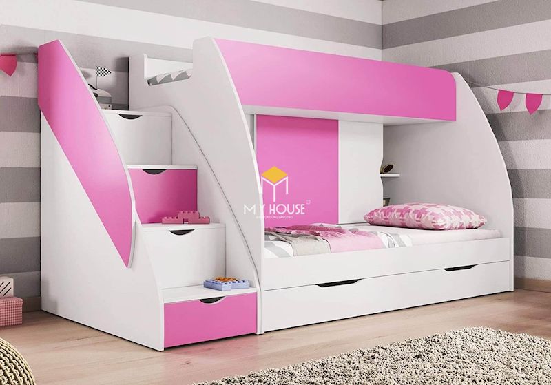 Mẫu giường tầng màu hồng gỗ công nghiệp