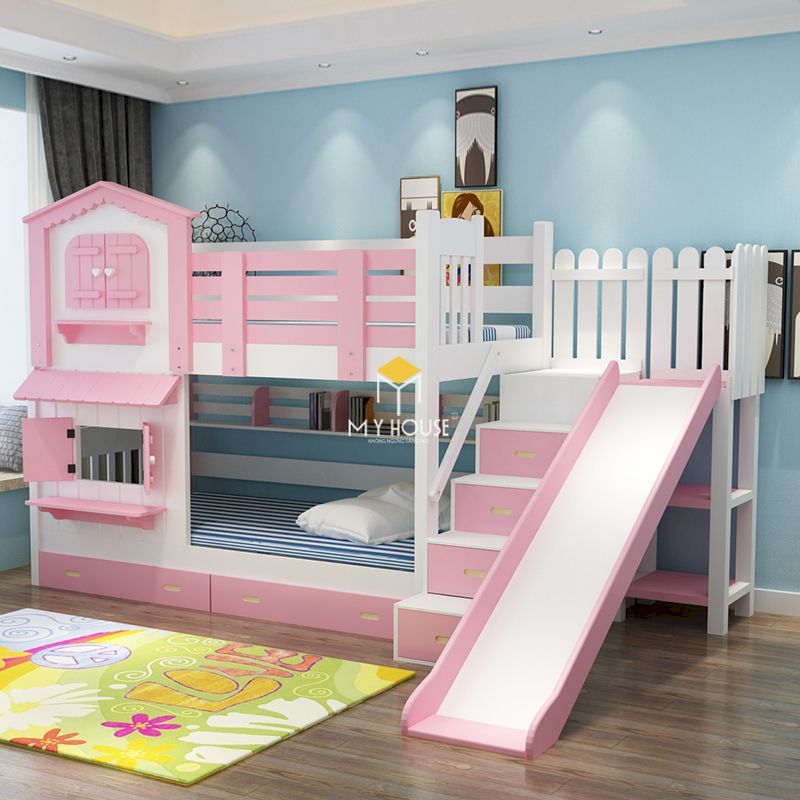 Mẫu giường tầng màu hồng cho bé gái