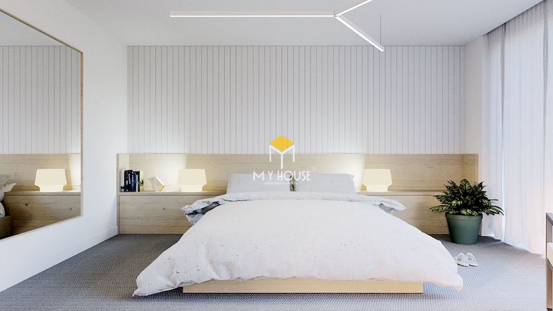 Thiết kế phòng ngủ màu trắng chất liệu gỗ tự nhiên