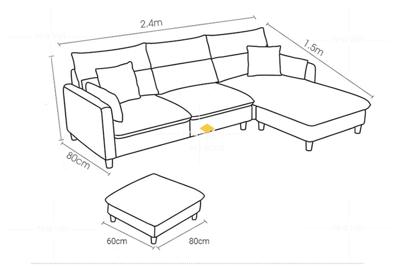 Kích thước phổ biến của sofa nỉ chữ L
