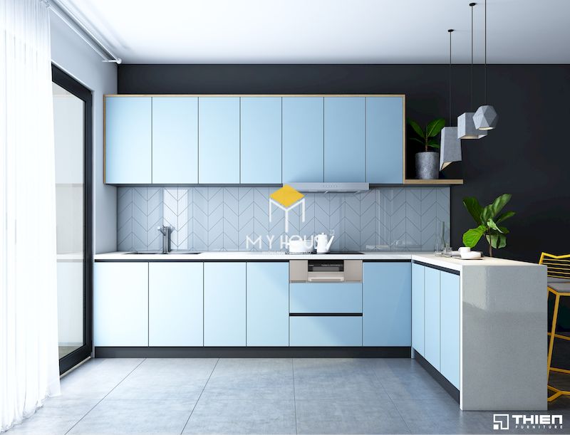 Tủ bếp hiện đại màu xanh 