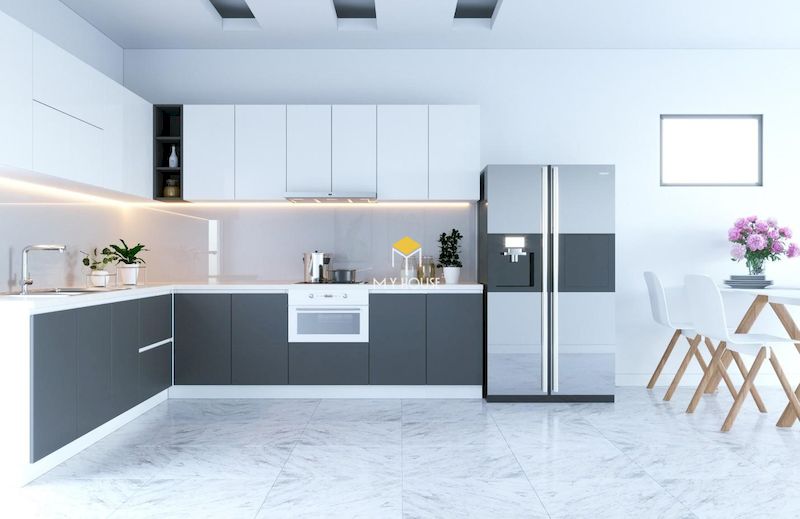 Tủ bếp picomat cánh phủ acrylic thiết kế đơn giản, hiện đại cho chung cư