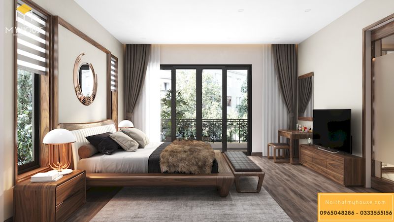 Thiết kế nội thất phòng ngủ master hiện đại gỗ óc chó