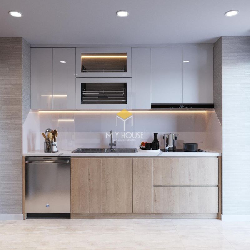 Thiết kế nội thất chung cư K35 Tân Mai 3 - Phòng bếp hiện đại với tủ bếp chữ I