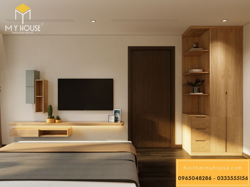 Thiết kế nội thất chung cư Rose Town 79 Ngọc Hồi - Phòng ngủ gỗ sồi kết hợp gỗ công nghiệp