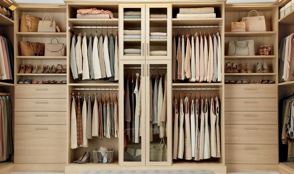 Tủ quần áo gỗ sồi nhiều ngăn kết hợp cùng kệ để đồ