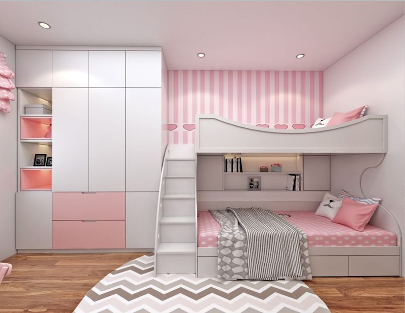 Thiết kế nội thất phòng ngủ trẻ em màu hồng