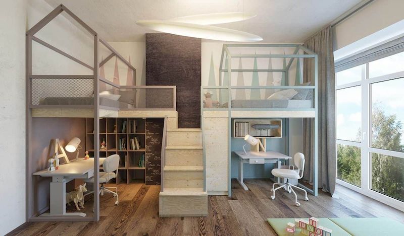 Nội thất phòng ngủ trẻ em với giường tầng kết hợp bàn học