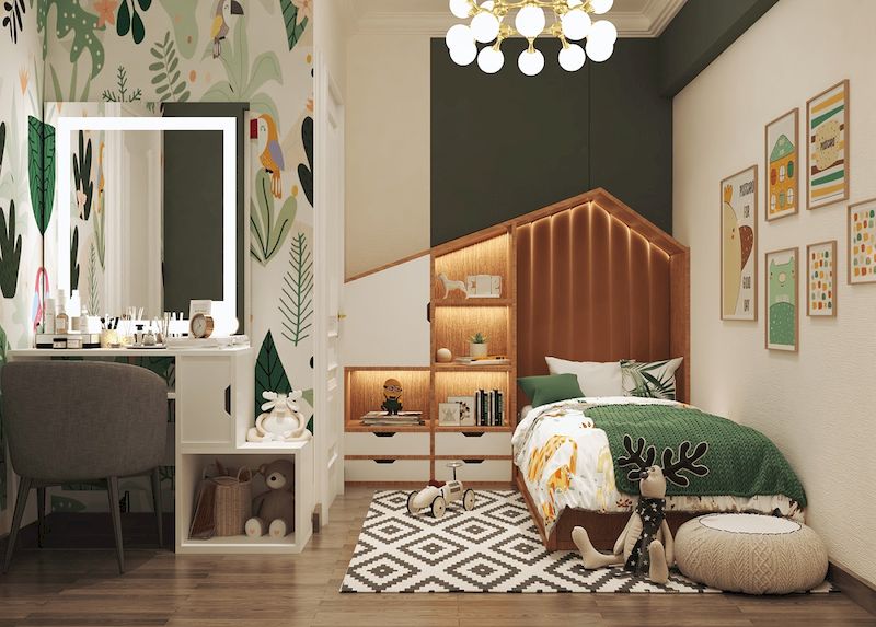 Thiết kế nội thất phòng ngủ trẻ em màu xanh lá