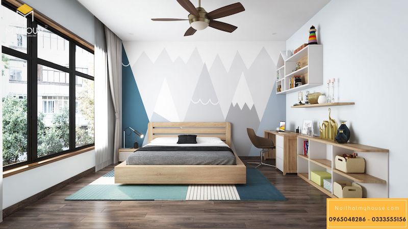 Thiết kế nội thất nhà liền kề Ecopark - Phòng ngủ con trai gỗ sồi kết hợp gỗ công nghiệp