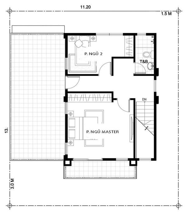 Bản vẽ biệt thự 2 tầng mái thái - Mặt bằng tầng 2 đơn giản