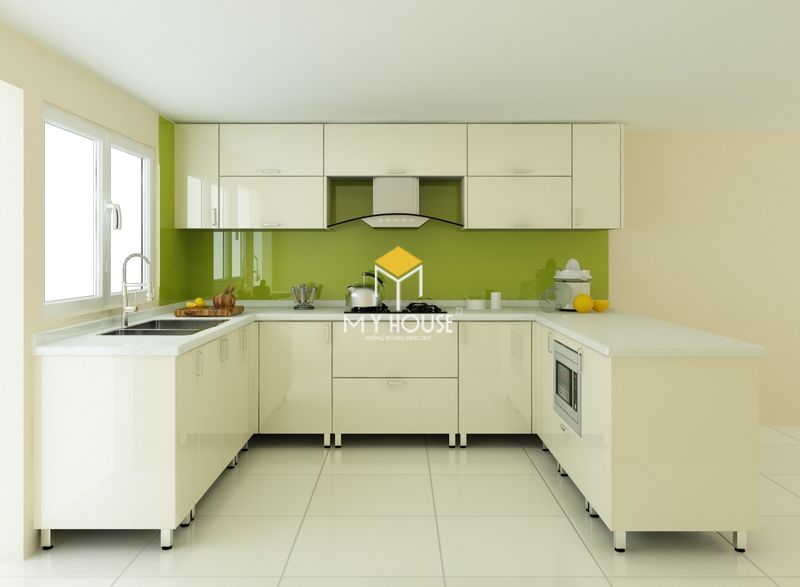 Mẫu phòng bếp gỗ MDF phỉ acrylic màu trắng đơn giản