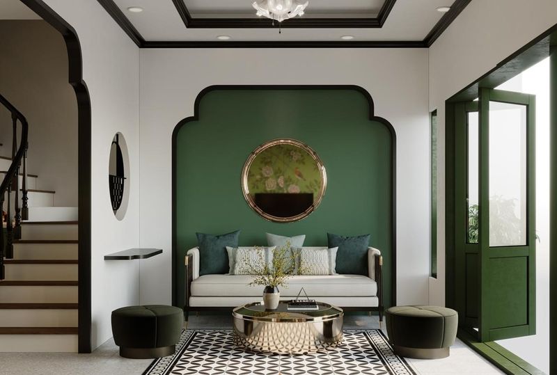 Mẫu phòng khách Indochine với màu xanh làm điểm nhấn