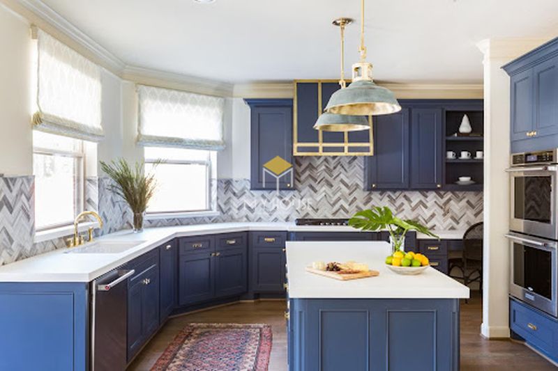 Thiết kế tủ bếp thông minh phong cách tân cổ điển đơn giản màu xanh