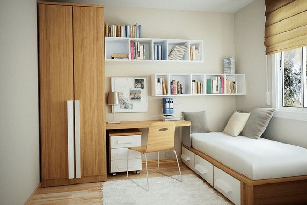 Cách bố trí phòng ngủ 12m2 - màu sắc phòng ngủ đơn giản, ưu tiên màu sáng