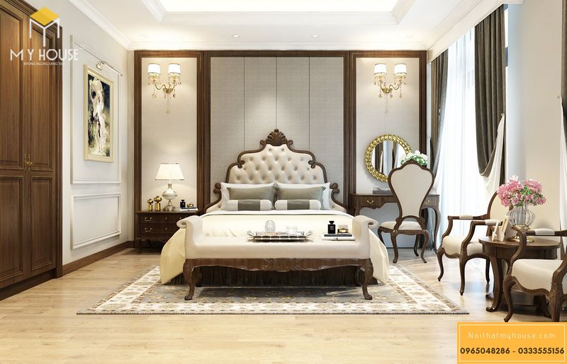 Phòng ngủ master biệt thự gỗ tự nhiên tân cổ điển