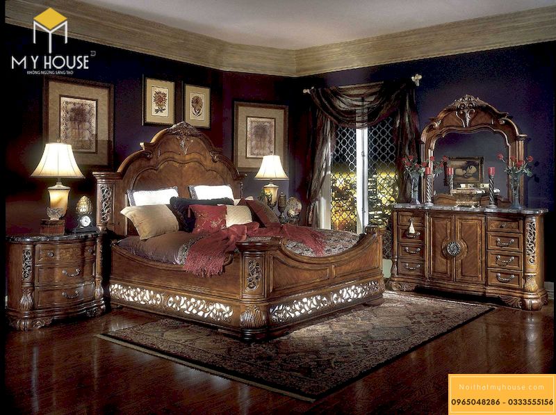 Giường ngủ tân cổ điển gỗ tự nhiên - Mẫu 09