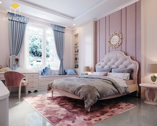 Phương án thiết kế phòng ngủ đẹp tân cổ điển màu hồng - Nội thất 