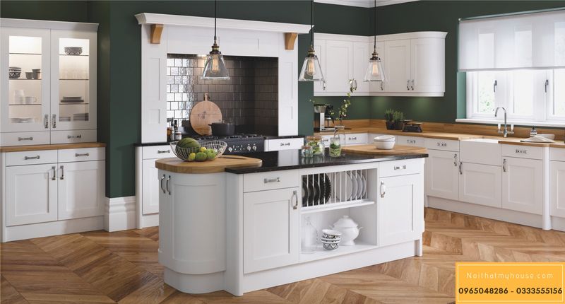 Tủ bếp gỗ tự nhiên sơn trắng - Mẫu 05