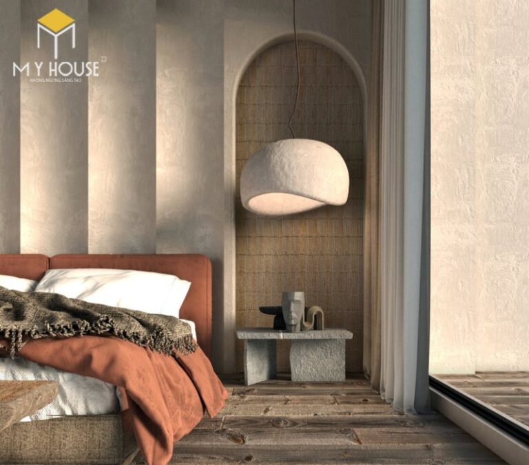 Phòng ngủ nhẹ nhàng với vật liệu gỗ cùng bộ chăn tone nâu đất ấm áp