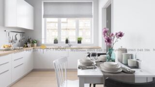 Phòng bếp của khách tại chung cư Hera được thiết kế đơn giản với tông màu trắng đầy sự tiện nghi